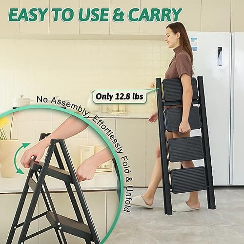 4-Step Folding Ladder, Heavy Duty Ladders for Home & Kitchen, Folding Ladder Easy to Store, Tall Ladder for Adults, Anti-Slip & Space-Saving Step Ladder, 330 Lbs Capacity 5