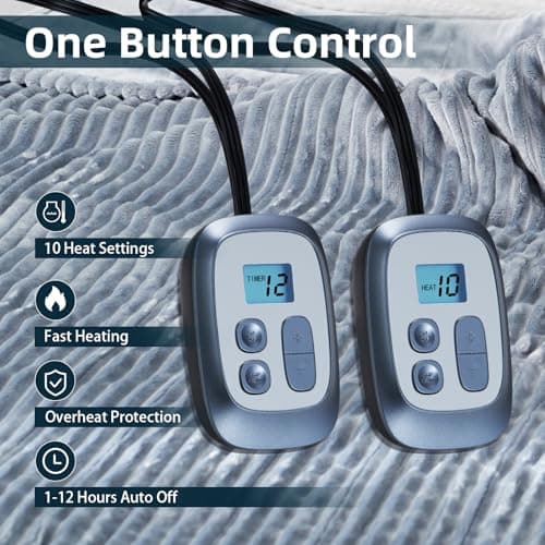 Eydna Electric Heated Blanket Queen Size 84"x 90", Dual Control, Warming Striped Flannel with 10 Heating Levels & 1-12 Hours Auto Off, Machine Washable, Light Gray 5