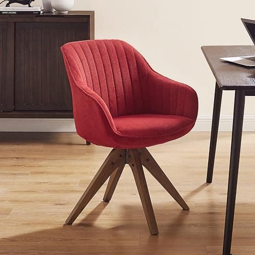Art Leon Desk Chair No Wheels - Mid Century Modern Office Chair, Swivel Accent Chair with Oak Wood Legs, Fabric Upholstered Arm Chair, Red