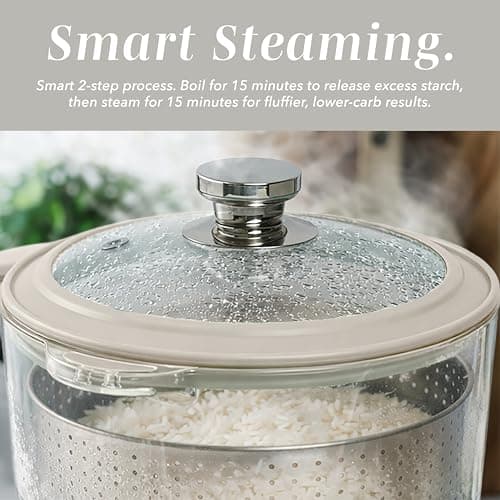COOK WITH COLOR 3L Glass Mini Low Carb Rice Cooker – Holds 2 Cups Raw/Makes 6 Cups Cooked with Auto Lift Filter Basket, Hotpot & Steamer for Rice, Grains, Digital Panel with Keep Warm, Cream 5