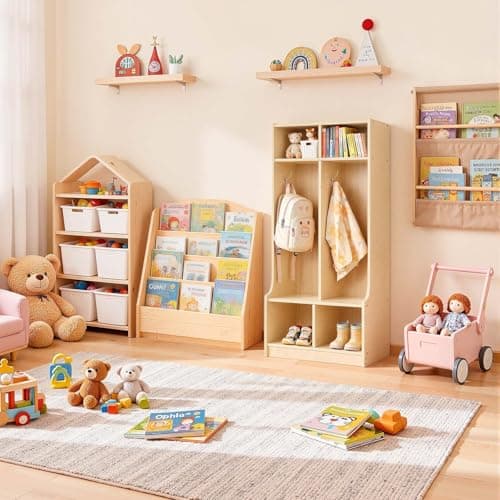 VEVOR 2-Section Coat Locker with Bench, Kids Lockers with 4 Hooks & Non-Slip Mat, Classroom Cubbies for Daycare, Home, Kindergarten- Natural 8