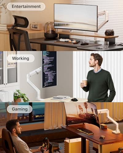 monTEK Heavy-Duty Monitor Arm for 17-57" Ultrawide Curved Screen, Supports up to 59.4 lbs, Adjustable Gas Spring Arm, 75/100 VESA Mount, Clamp & Grommet Desk Monitor Mount Single, White 8