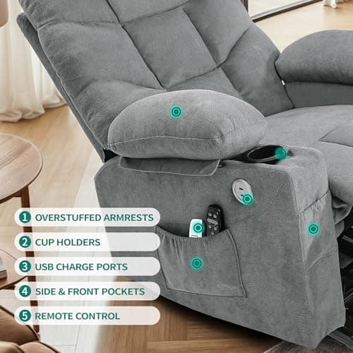 YITAHOME Electric Power Lift Recliner Chair for Elderly, Fabric Recliner Chair with Massage and Heat, Spacious Seat, USB Ports, Cup Holders, Side Pockets, Remote Control (Grey) 7