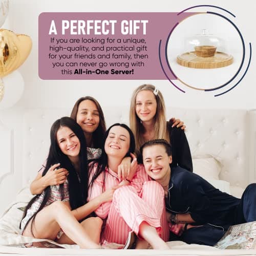 CHEF'S UNIQUE 6-in-1 Bamboo Cake Stand with Dome – Multifunctional Serving Platter, Punch Bowl, Salad Bowl, Chip & Dip Tray, Dessert Display with Clear Acrylic Cover 7
