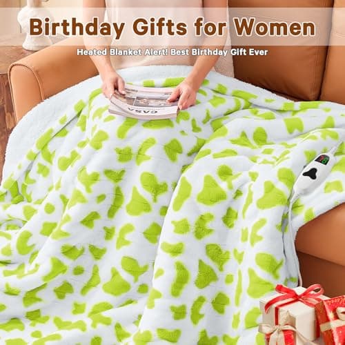 Green Cow Heated Electric Blanket Throw, 50X60 Heating Blanket with 10 Heats Levels & 8 Hours Auto Off, Cute Christmas Yoga Gifts for Women Teen Girls Mom Pets, Home Decor for Living Room Bedroom 7