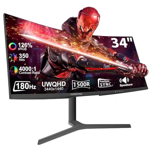 34 Inch Curved Monitor 180Hz, UWQHD 3440x1440p Ultrawide Gaming Monitor 1500R with Speaker, PIP/PBP, 4000:1 Contrast, sRGB126%, HDR, FreeSync & G-SYNC, 1ms(MPRT), HDMI/DP Port, Adjustable Stand, VESA