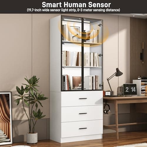 chartustriable 79" Tall Display Cabinet with LED Sensor Light & Pop-up Glass Doors & Drawers, Modern Bookcase Curio Storage Cabinet for Bedroom, Living Room, Office, White 5