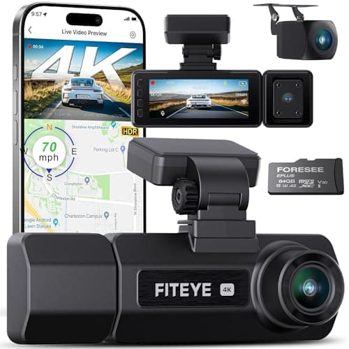 Fiteye 3 Channel 4K Dash Cam, IMX335 STARVIS Sensor, 4K+2K Front and Inside, 2K+1080P+1080P Front and Rear Inside Dash Camera for Cars, Free 64GB Card, Built in WiFi GPS, Intelligent Voice Control