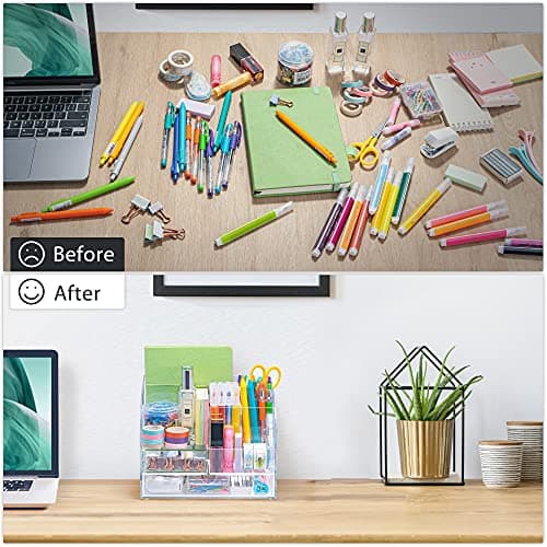 ARCOBIS Acrylic Desk Organizer with 2 Drawers, Clear Office Desktop Accessories Stationery Pen Organizer for Desk, Features 5 Compartments + 2 Sliding Drawer 7