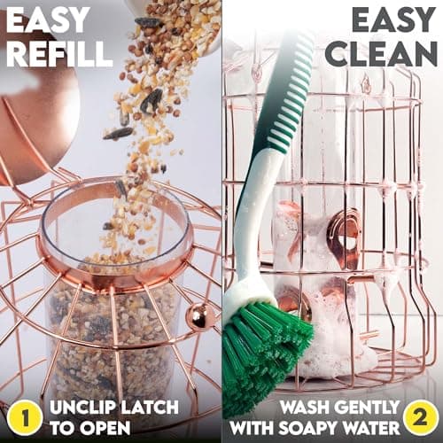 Squirrel Proof Bird Feeder for Outdoors Hanging (Metal Rose Gold) Bird Feeder with 4 Ports, Chew-Proof & Weather Resistant, Backyard Gift (10.25 x 6.25 x 6.25 inches) 6
