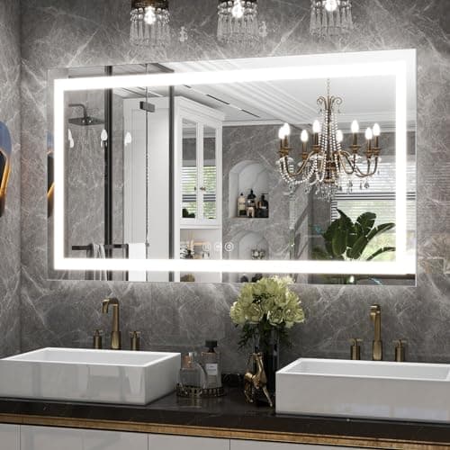 LED Bathroom Mirror, 32x48 Inch White Framed Gradient Front and Backlit Vanity Mirror, Anti-Fog, Dimmable, Wall Mounted Horizontal/Vertical Lighted Mirror, LED Vanity