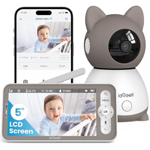 ieGeek Baby Monitor with 2K Camera and Audio - Video Monitor with 5" Screen - Night Vision, Two-Way Talk, Cry & Motion Detection, Temper& Humidity Sensor, PTZ, Remote Control via Screen and Free APP