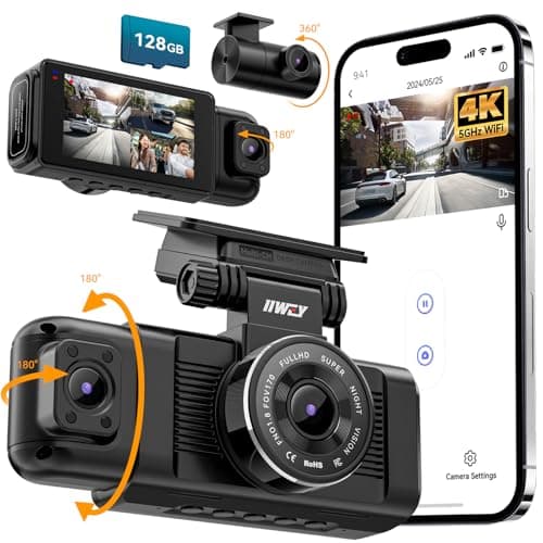 iiwey N7 3 Channel Dash Cam Front and Rear Inside 3K+1080P+1080P with 128GB SD Card, 5GHz WiFi, Rotatable Side Camera for Car, IR Night Vision, 24/7 Recording, G-Sensor, Parking Mode