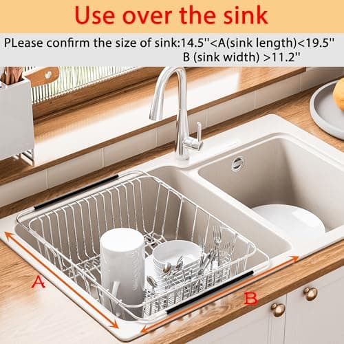NiuYichee Stainless Steel Dish Drying Rack(15.2"L X 11"W X 5.3"H), Expandable Fruit & Vegetable Drain Rack over Sink, Dish Drainer Rack in Sink, with Stainless Steel Utensil Holder & Silicone Mat(16") 8