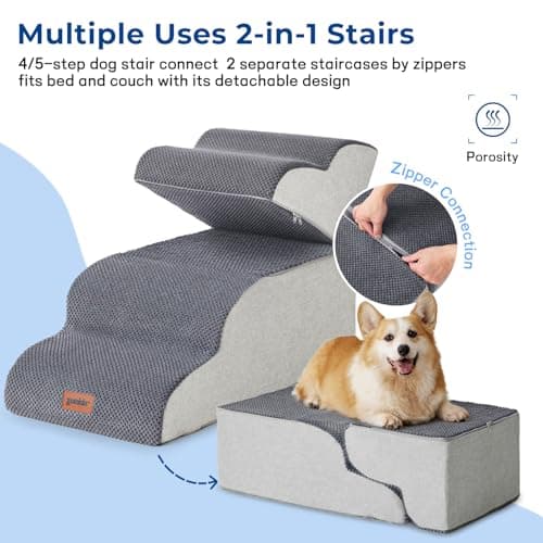 ZOMISIA Pet Stairs for Small Dogs 15.7" H - Dog Stairs for Couch and Bed, 35D Foam Dog Steps Ramp with Non-Slip Bottom Grey, 3 Steps 5