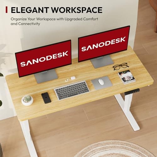 SANODESK 55" Electric Standing Desk,One-Piece Dual Motor Height Adjustable Desk, Stable and Durable 3-Stage Stand up Desk for Home Office (White Frame/55 x 28 Inch Maple top) 5