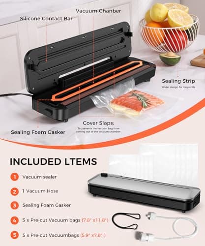 Vacuum Sealer Machine,75Kpa Precision Suction Power 6-in-1 Food Sealer with Digital Timer, Dry & Moist Food Modes, Compact Design with 10 Vacuum Bags & Bulit-in Cutter(Black White) 6