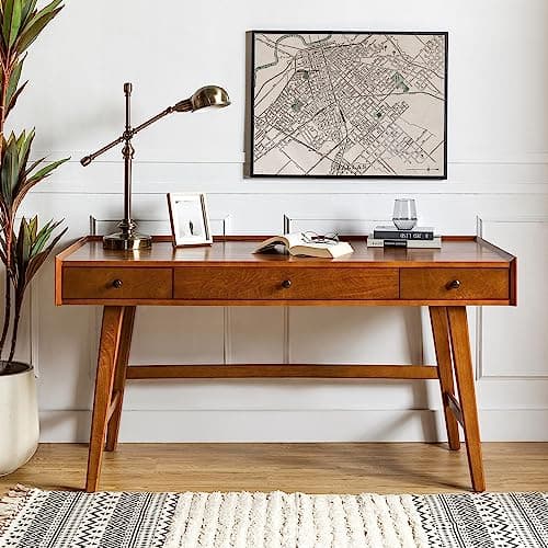 HULALA HOME Home Office Desk with 3 Drawers & Solid Wood Legs, Writing Table with Charging Station & Cable Management, Mid Century Modern Desk for Bedroom/Living Room/Study/Workstation, Acorn