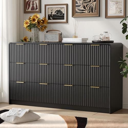 SINROM Black Dresser for Bedroom, 55" Fluted Dresser with Gold Handles, 6 Drawer Double Dressers, Modern Chest of Drawers for Bedroom, Closet