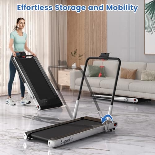 Goplus 2 in 1 Folding Treadmill, 340 LBS Capacity Walking Pad with Handle Bar, Under Desk Treadmill with Apps, Remote Control, LED Display, Foldable Portable Treadmills for Home Small, Office (Silver) 9