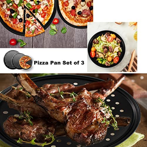 mobzio Baking Steel Pizza Pan with Holes, Round Pizza Pan for Oven, 9 Inch, 11 Inch, 12 Inch Bakeware Pizza Tray, Nonstick Baking Supplies Home Kitchen Steel Crisper Pizza Pan Set (3 Pcs) 7