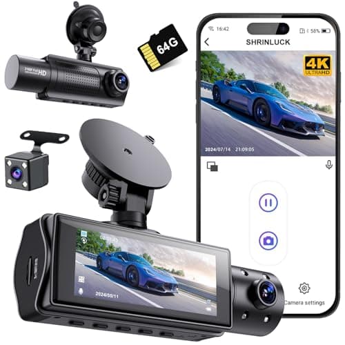 Miden 4K WiFi Dash Cam Front and Rear Inside, Free 64G SD Card, 2160P+1080P+1080P FHD 3 Channel Dash Camera for Cars, Night Vision, 24H Parking Monitor, 360° All Sides Dashcam, G-Sensor, WDR