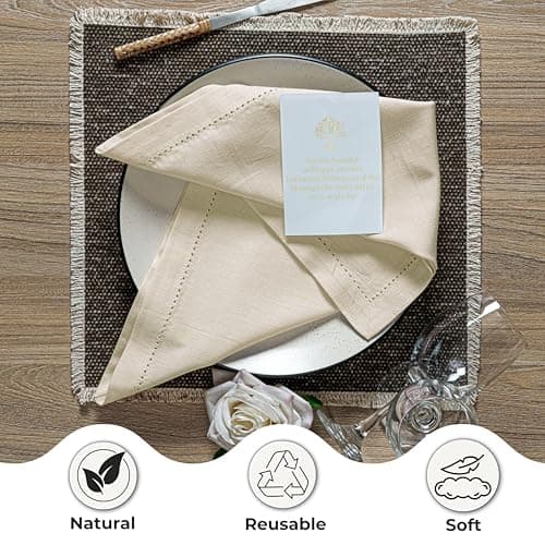 Ramanta Home Cloth Dinner Napkins in Cotton Flax Fabric with Hemstitched & Tailored Mitered Corner Finish Size 20x20 inch Set of 12 7