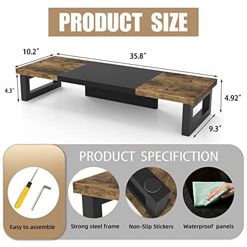 WESTREE Dual Monitor Stand Riser, Wood and Steel Multi-Purpose Desktop Storage Stand for 2 Monitors for Computer, Laptop, Printer, TV, Rustic Brown 6