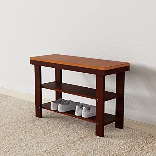 Amazon Basics Sturdy Solid Pine Wood Entryway Bench with Shoe Storage Organizer Rack, Espresso, 10.4"D x 27.56"W x 17.72"H 2