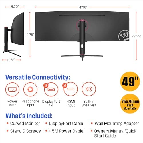 Westinghouse 49 Inch Curved Ultrawide Gaming Monitor, 144Hz, AMD FreeSync Support, Low Motion Blur, R1800 Curve, 3840x1080, for PC Games with Built in Speakers, 2X DisplayPort, 2X HDMI 9