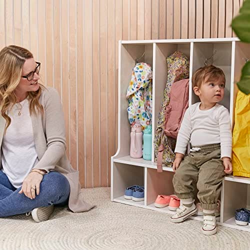 ECR4Kids Streamline 4-Section Toddler Coat Locker with Bench, Classroom Furniture, White Wash 9