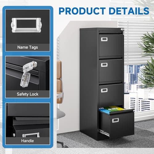 BYNSOE 4 Drawer File Cabinet with Lock Metal Vertical File Cabinet Office Home Vertical File Cabinet for A4 Legal/Letter Size Narrow File Cabinet Locked,Assembly Required (Black, 4 Drawers- Vertical) 10