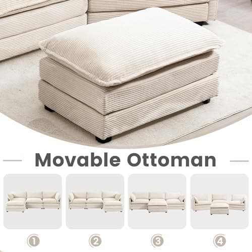 ROWHY Oversized Modular Sectional Sofa with Movable Ottoman, 112 Inch 4 Seat Modern Corduroy Sofa Set, Convertible L Shaped Couch for Living Room and Office, Beige 7