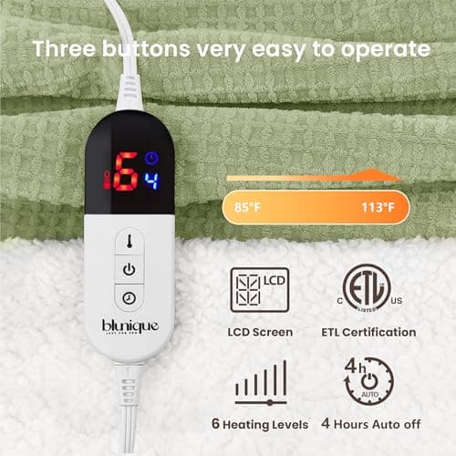 blunique Heated Blanket Electric Throw Waffle, 50x60 Inches Sherpa Fleece Fast Heating Blanket 6 Heating Levels & 4 Hours Auto Off ETL Certification, Sage Throw 5