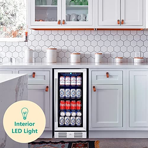 15 Inch Beverage Cooler and Kalamera Refrigerator Under Counter Built-in or Freestanding - 96 Cans Capacity Mini Fridge- for Soda, Water, Beer or Wine - For Kitchen or Bar with Blue Interior Light 7