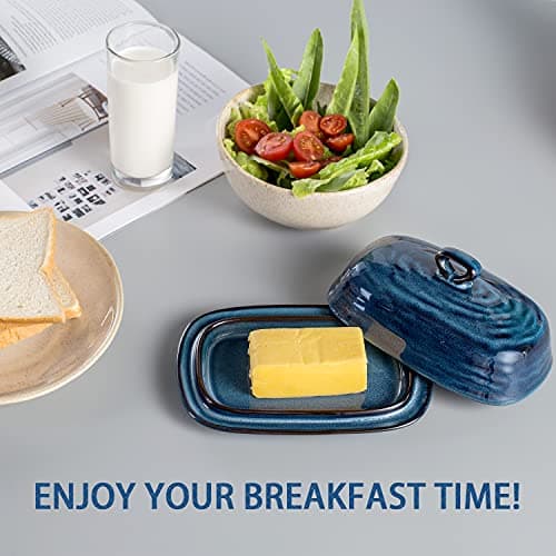 Hasense Butter Dish with Lid, Ceramic Butter Dish with Knife for Countertop with Covered, Large Butter Keeper Handle Design, Blue 6