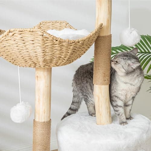 Modern Cat Tree for Indoor Cats Large Adult, 46.5" Tall Wooden Cat Tower for Large Cats with Scratching Post, Luxury Cat Condo, White 5