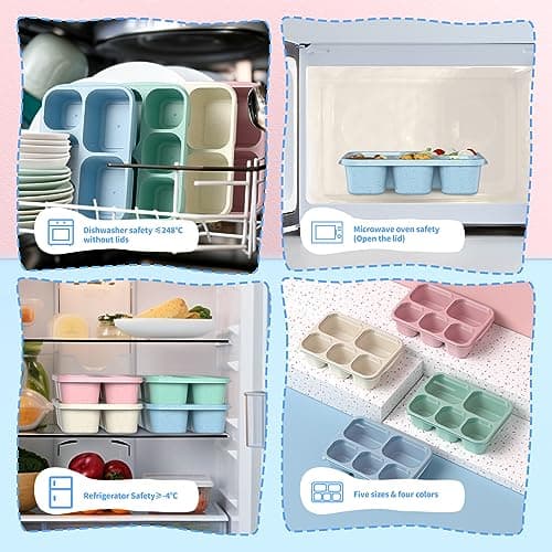 Bento Box Adult Lunch Box - 4 Pack, 5 - Compartment Meal Prep Container for Kids, Reusable Food Storage Snack Containers - Stackable for School, Work, and Travel (Wheat(Green/Blue/Pink/Beige)) 6