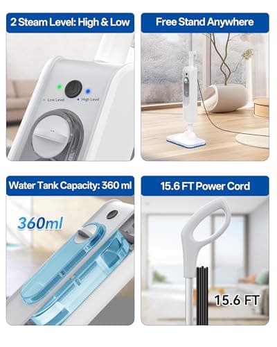 Hivroo F2 Steam Mop,12-in-1 Handheld Steam Cleaner,Powerful Detachable Steam Mop for Floor Cleaning,360ML Tank,15FT Power Cable,Scrubbing Steam Cleaner for Home,Hardwood,Tile,Grout,Furniture-White 6
