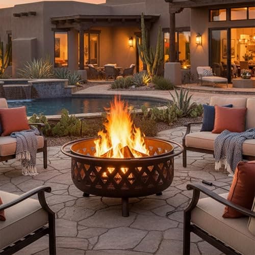 Sunnydaze Crossweave Outdoor Fire Pit - Wood-Burning Fire Pit for Outside with Spark Screen, Poker and Round Cover - 36-Inch - Bronze 9