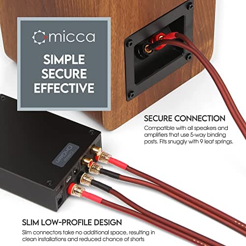 Micca 14 Gauge Pure Copper Speaker Cables, 6.6 Feet Each (2 Meters), 2 Pack Pair, Gold Plated Banana Plugs Connectors, Soldered Construction, Slim Design, 245 Strands, for Stereo or Home Theater 4