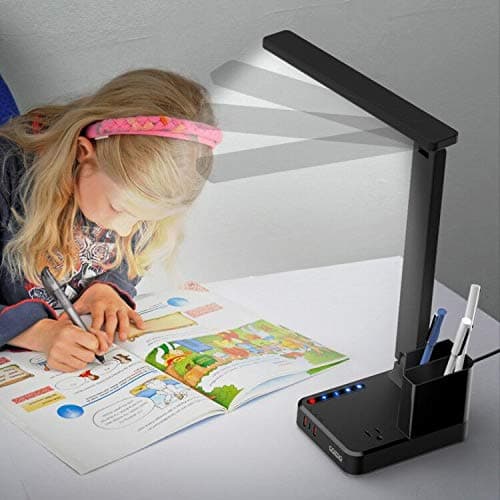 LED Desk Lamp with 3 USB Charging Ports 1 AC Outlet Small Table Lamp for Home Office/Bedroom/Study/College/Dorm Room Essentials, Foldable Reading Light w/Pen Holders for Craft/Artist/Puzzle/Nail/Task 5