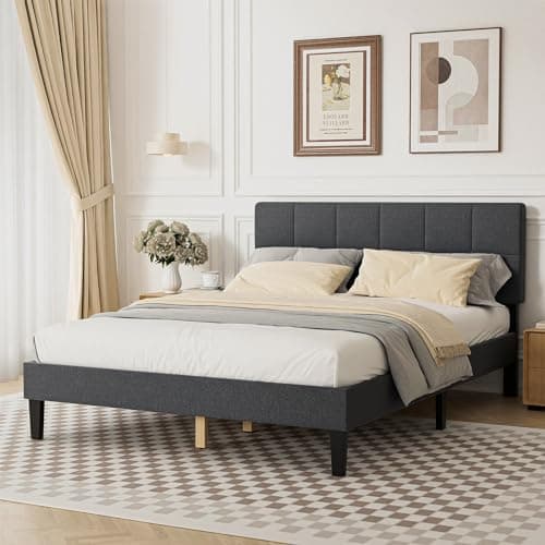 Sweetcrispy Full Size Wood Bed Frame - Linen Upholstered Platform Bed with Headboard, No Box Spring Needed with 800LBS Sturdy Wooden Slats Support, Noise Free, Easy Assembly, Dark Grey