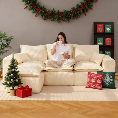 107" Comfy Cloud Couch with L-Shape Chaise & Deep Seat, Modular Sectional Sofa in a Box, Boneless Upholstered Couches for Living Room, No Assembly Required (Soft Corduroy, Beige)