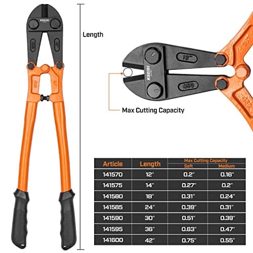 KSEIBI 141585 Heavy-Duty Medium Size Bolt Cutter 24" for Cutting Fence, Steel Wire, Chain, Screws, Rivet, and Medium Padlock, with Soft Grip Rubber Ergonomic Handle Cutters 9