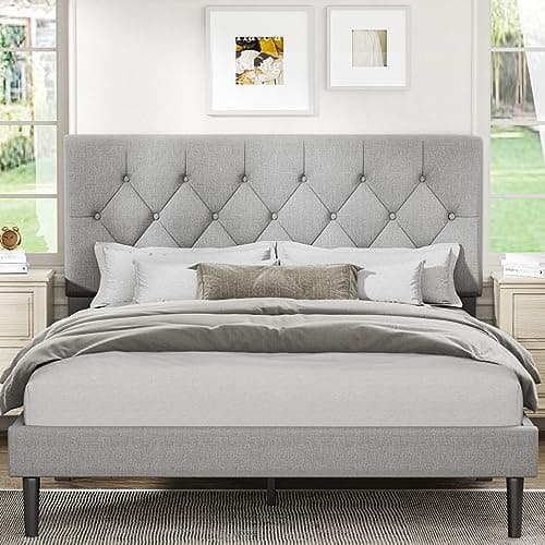 Sismplly Full Size Platform Bed Frame with Upholstered Headboard, Button Tufted Design, No Box Spring Needed, Light Grey