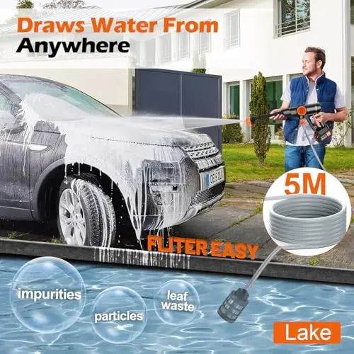 Portable Cordless Power Washer, Electric Pressure Washer Battery Powered 6000mAh, Handheld Car Pressure Washer with 6-in-1 Nozzle,17FT Drain Hose, Power Cleaner for Patio Floor Fence Deck Indoor 8