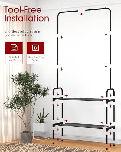 Sakugi Clothes Rack - Clothing Rack with 2-Tier Shoe Rack and Anti-Slip Stopper, Shoe Organizer for Entryway, Bedroom, or Laundry, Black, 29" × 12.2" × 59.3" 6