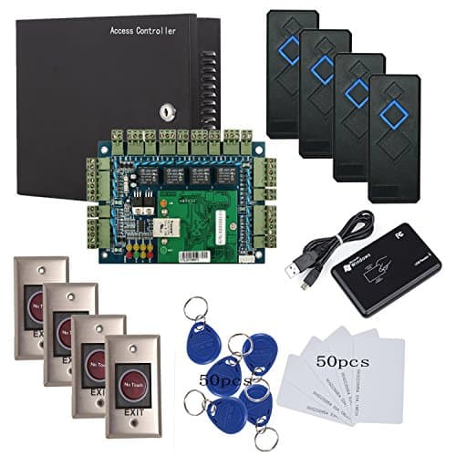 MENGQI-CONTROL Security Wiegand TCP/IP RFID 4 Doors Access Control System Kit Metal AC110-240V Power Supply Box No-Touch Exit+Weather Proof Reader