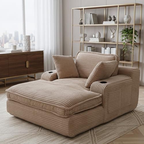 67" Oversized Chaise Lounge Chair Indoor, Soft Boneless Cloud Couch with 3 Pillows, 4 Side Pockets and 2 Cup Holders, Comfy Corduroy Sleeper Couch for Living Room Bedroom 9